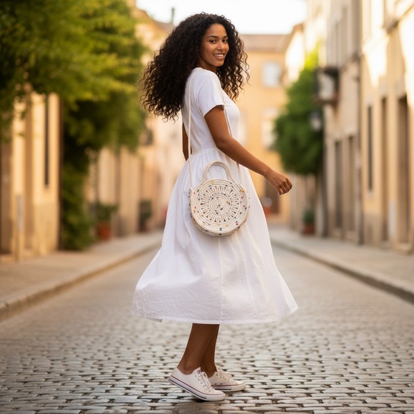 Urban Outfitters Handbags - Cream Crossbody Bag Macrame Bag with Colorful Polka Dots